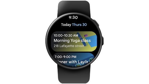 Navigation de Google Agenda et ouverture d'un événement pour y répondre « Oui » sur une montre intelligente Wear OS.