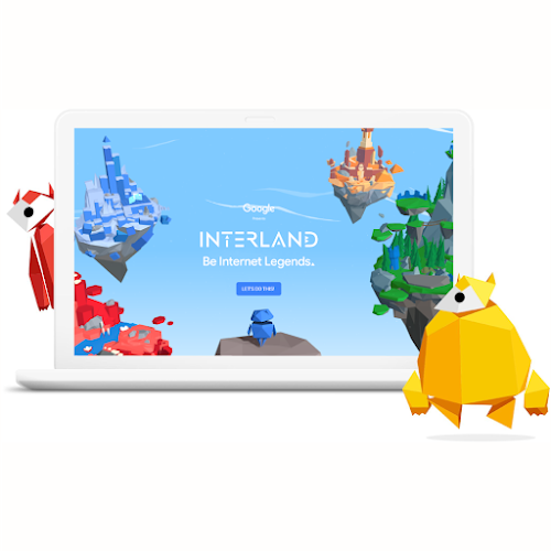 Un ecran de laptop ce arată Interland cu regate plutitoare pe cer și două personaje cu forme geometrice.