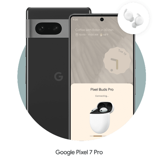 หูฟังเอียร์บัดคู่หนึ่งอยู่ในวงกลมเหนือมุมขวาบนของโทรศัพท์ Google Pixel 7 Pro โทรศัพท์กำลังจับคู่กับหูฟังเอียร์บัด Android บางอัน