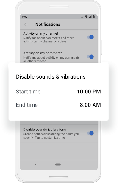 A Google phone screen showing sounds and vibrations getting disabled from 10pm to 8am.