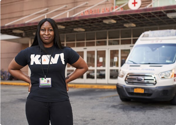 Taisha standing outside the emergency room at Kings County Hospital in Brookyln.