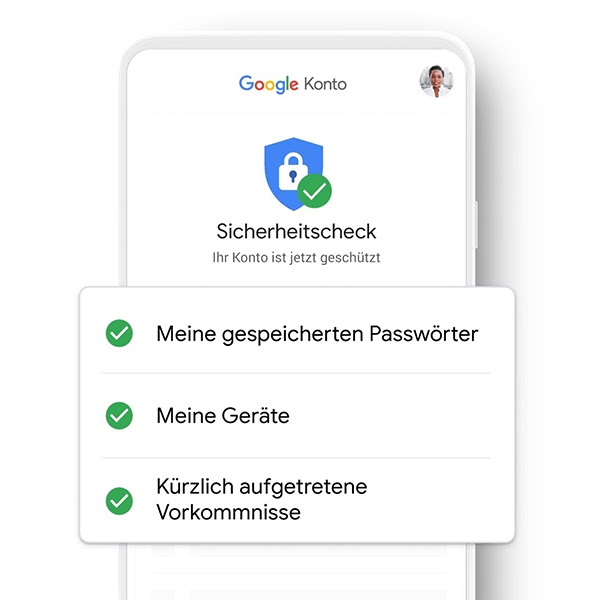 Ein Screenshot von einem erfolgreichen Sicherheitscheck eines Google Kontos.