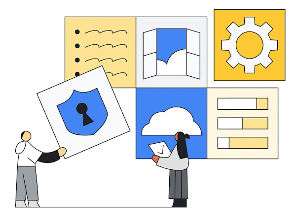 A man and woman around Google Cloud and security icons