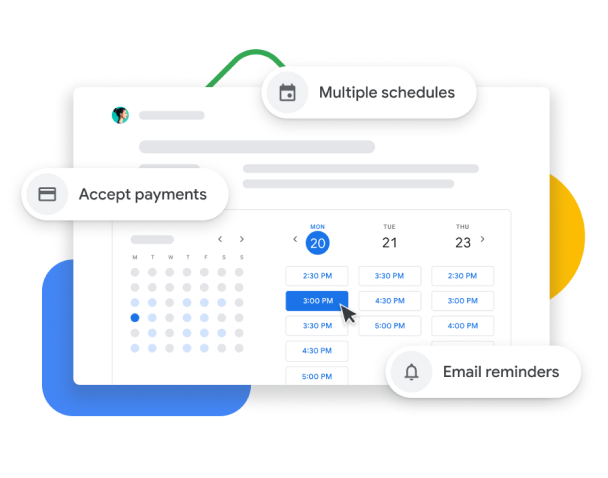 Représentation graphique d'un agenda Google avec planification de rendez-vous qui permet aux utilisateurs de les confirmer auprès des clients, d'envoyer des rappels par courriel et d'accepter les paiements.