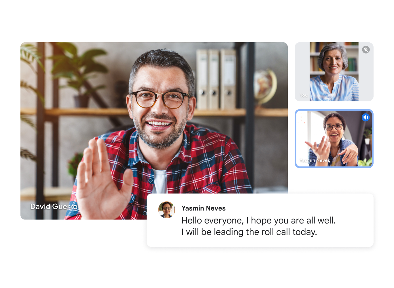 Google Meet-videosamtale med tre brukere og en transkribering der det står «Hei, alle sammen, håper dere har det bra. Jeg skal registrere oppmøtet i dag.» 