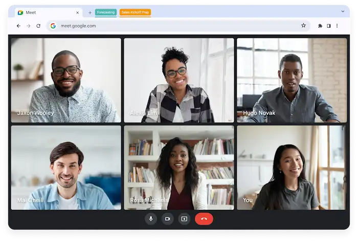 A group of people having a call with Google Meet.
