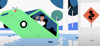 一个视频的缩略图，视频用插画形式显示一个男人被困在了落水的汽车里。