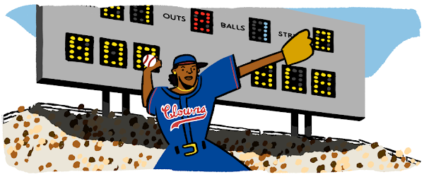 Illustration of Toni Stone, female baseball player, wearing a Clowns jersey in front of a score board and crowd.