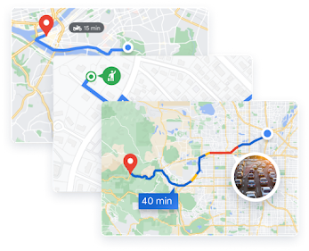 Три карты, иллюстрирующие возможности Routes API