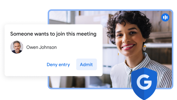 Et Google Meet-UI som viser et forgrunnsvindu med teksten «Noen ønsker å bli med på møtet» og alternativer for å avvise eller godkjenne forespørselen om å bli med.