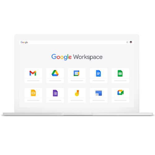 Un laptop pe care apar diferite produse Google incluse în Google Workspace