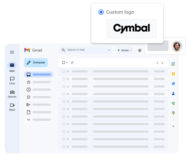 Tyylitelty näkymä Gmailin käyttöliittymästä, jossa näkyy korostettuna käyttäjän yrityksen logo.