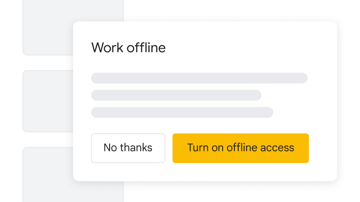 Jendela pop-up untuk fitur ‘Bekerja secara offline’, dengan tombol kuning untuk mengaktifkan akses offline, dan tombol putih untuk menolak akses offline.