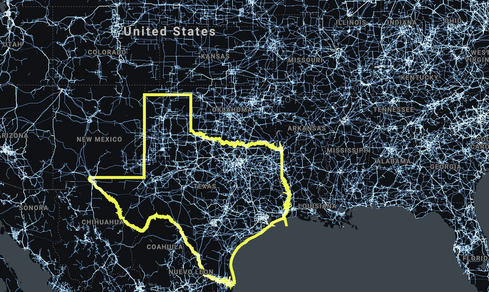 Electrical transmission lines across Texas, shown using a Tile3DLayer visualization.