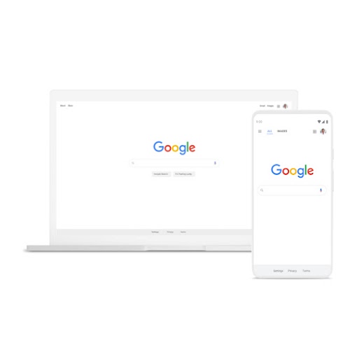 Google 検索の画面が表示されたノートパソコンとスマートフォン