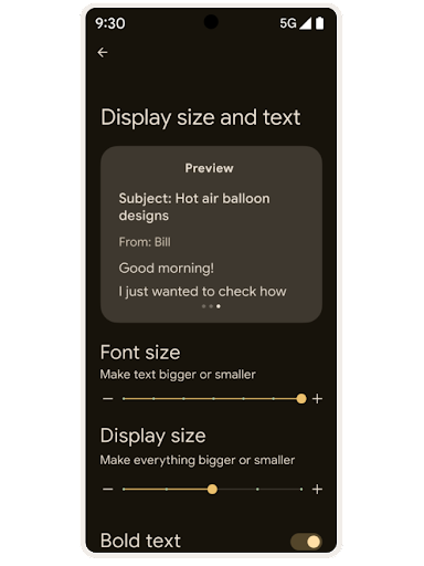 Um ecrã de definições de acessibilidade do Android com "Texto e tamanho da visualização", juntamente com uma janela de pré-visualização das alterações e controlos de deslize para "Tamanho do tipo de letra" e "Tamanho da visualização" e um botão para "Texto em negrito".