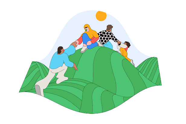 Una ilustración de un grupo de personas sentadas en la cima de un camino montañoso ayudándose unos a otros a subir
