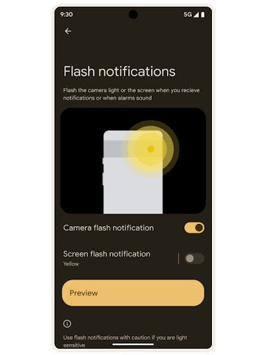 [点滅による通知] という Android のユーザー補助設定の画面。ライトが点灯しているスマートフォンの背面のイラスト、[カメラの点滅による通知] と [画面の点滅による通知] の切り替えオプション、[プレビュー] ボタンがある。