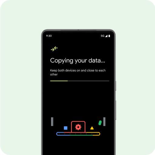 A brand new Android phone screen with the message "Select your data." along with a list of contacts, photos and videos, calendar events, messages and WhatsApp chats, and music listed below