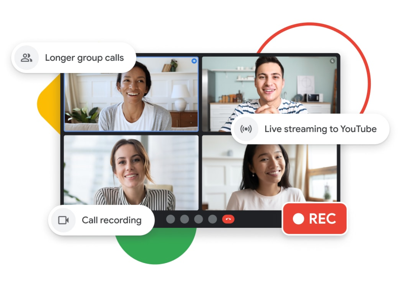 ภาพกราฟิกที่แสดงการโทรผ่าน Google Meet ซึ่งมาพร้อมกับการโทรแบบกลุ่มที่นานขึ้น สตรีมมิงแบบสดใน YouTube และฟีเจอร์การบันทึกการโทร