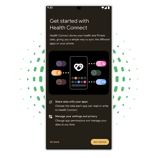 หน้าจอการตั้งค่าของ Android ที่มีข้อความ "เริ่มต้นใช้งาน Health Connect" เปิดขึ้นเพื่อแสดงรายละเอียดวิธีการแชร์ข้อมูลสุขภาพ รวมถึงวิธีจัดการการตั้งค่าและความเป็นส่วนตัว