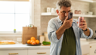 キッチンで Android スマートフォンを使って缶のラベルを読んでいる男性。