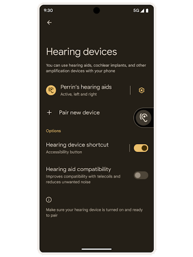 En skærm med Android-indstillinger for hjælpefunktioner til høreapparater. Der er en liste over de aktive høreapparater og en indstilling med mulighed for at parre en ny enhed. Herunder er der skydeknapper til at aktivere eller deaktivere en genvej til et høreapparat og høreapparatskompatibilitet.