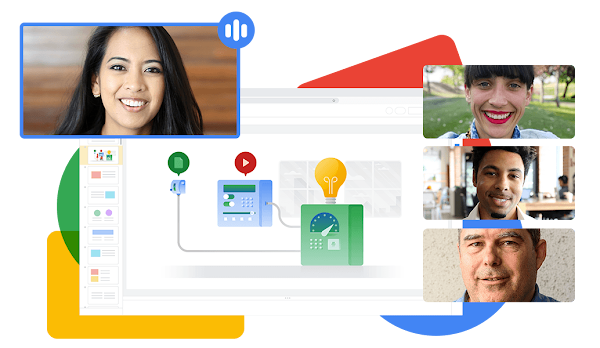 Illusztráció, amely egy Google Meet-hívás résztvevőit mutatja, akik egy Google Diák-prezentáción működnek együtt. 