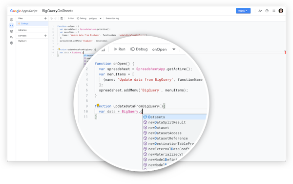 Vorintegration von Apps Script und BigQuery in Google Tabellen verfügbar