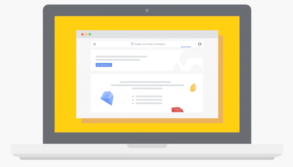 Illustrazione di un laptop con Google Cloud Marketplace sullo schermo