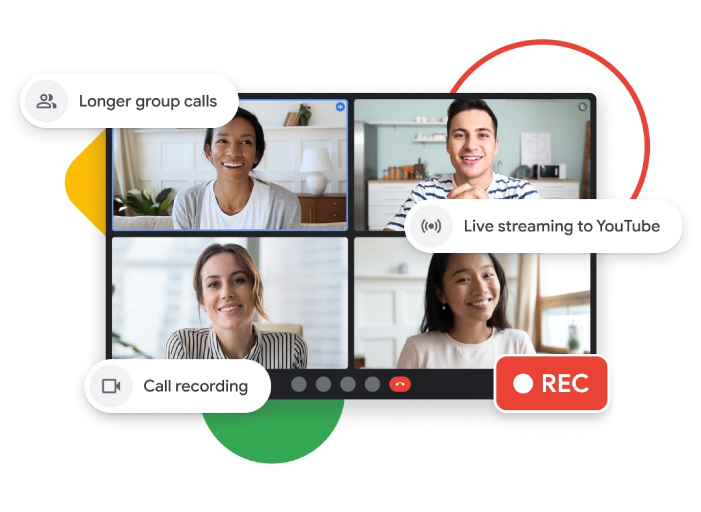 Ilustrasi grafis panggilan Google Meet dengan panggilan grup yang lebih lama, live streaming ke YouTube, dan fitur perekaman panggilan.
