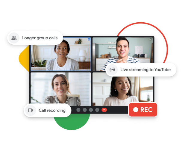 Graphic illustration of a Google Meet call with longer group calls, live streaming to YouTube and call recording features.