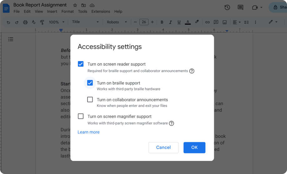 Tillgänglighetsinställningarna för Google Dokument visar att en användare har aktiverat stöd för skärmläsare och punktskriftsläsare.