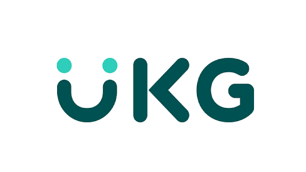 Logo composé des lettres "UKG" avec un smiley représentant le "U"