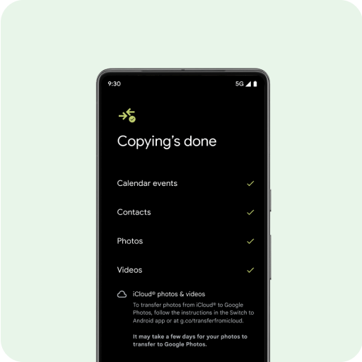 A brand new Android phone screen with the message "Transferring data." along with a list of contacts, photos and videos, calendar events, messages and WhatsApp chats, and music listed below