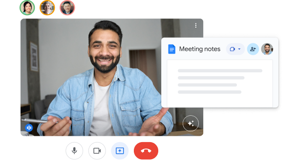 UI Google Meet yang menampilkan beberapa orang sedang membuka Dokumen Google berjudul "Catatan rapat". 