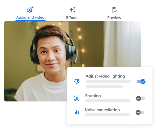 Google Meet-UI som viser funksjoner for videobelysning, fokus og støyreduksjon.