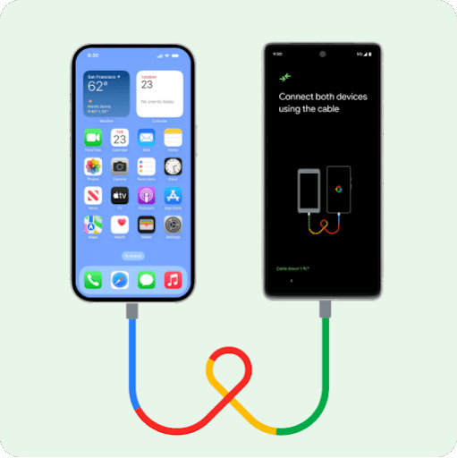 En iPhone och en helt ny Android-telefon sida vid sida, anslutna med en Lightning/USB-sladd. Data överförs enkelt från iPhone till din nya Android-telefon.