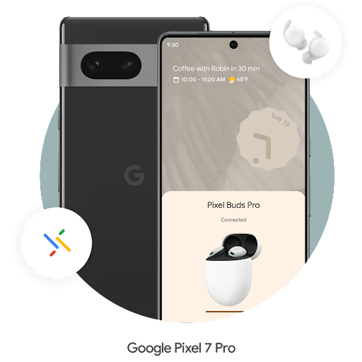 Sepasang earbud melingkar dan melayang di sudut kanan atas ponsel Google Pixel 7 Pro. Logo Sambungan Cepat Android melayang di bagian kiri bawah. Ponsel disambungkan dengan earbud Android. ​​