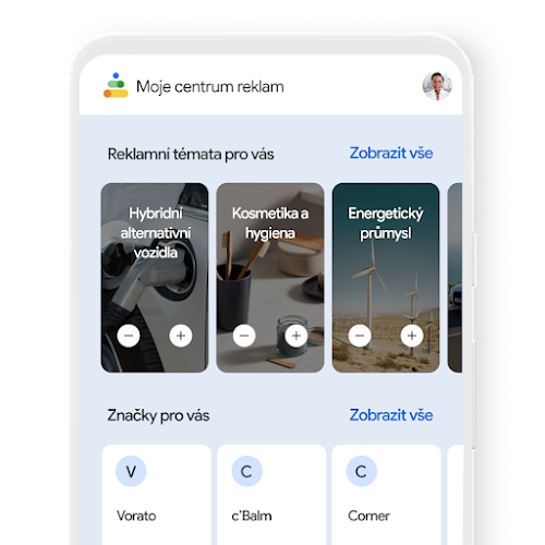 Obrázek stránky ​Moje centrum reklam s ovládacími prvky k přizpůsobení reklam