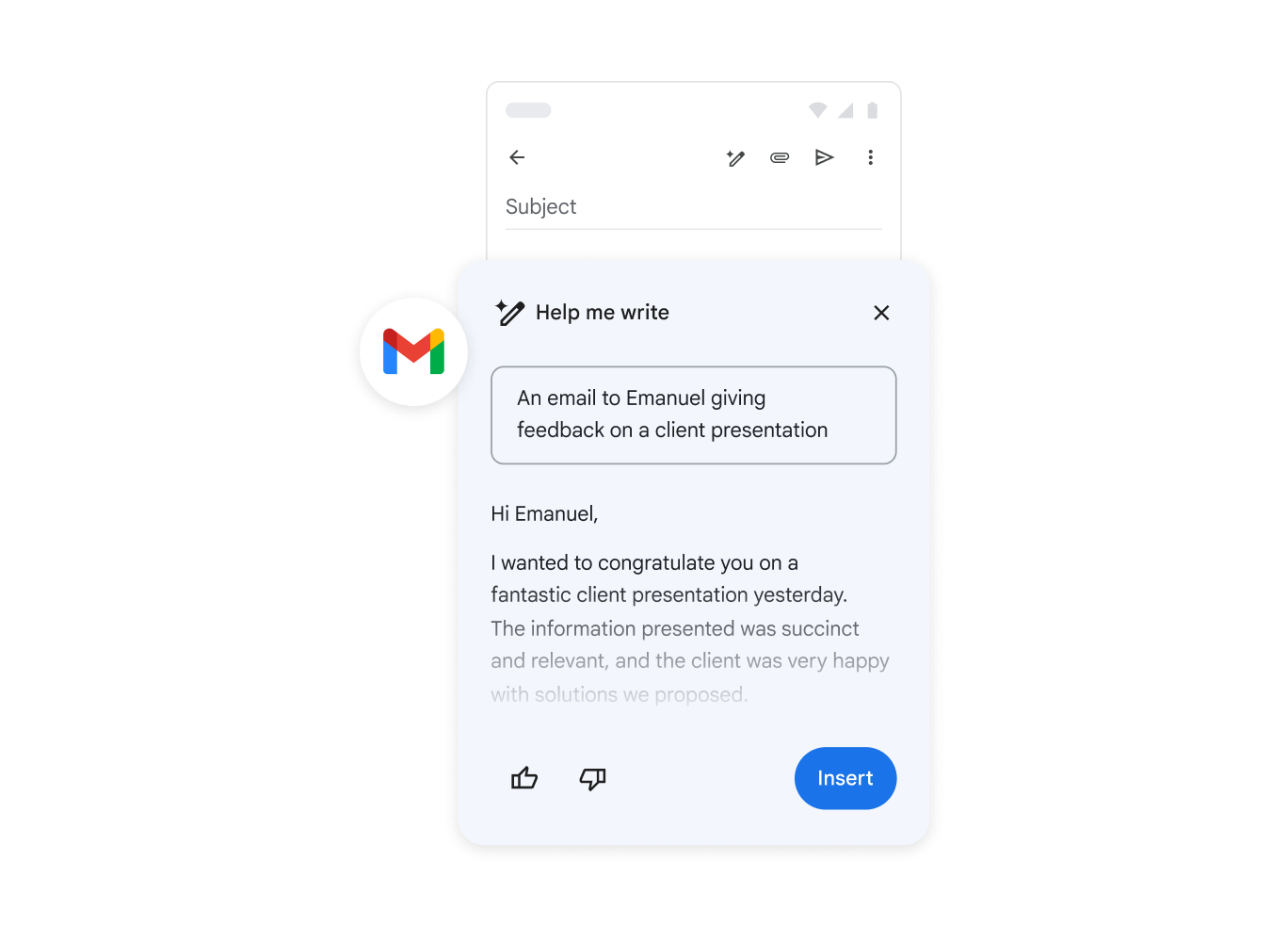 Gemini đang giúp ai đó viết một email chia sẻ ý kiến phản hồi về bài thuyết trình cho khách hàng.