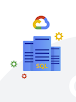Image de trois serveurs bleus avec un logo Google Cloud au-dessus d'eux