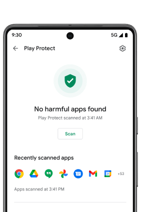 An Android phone screen with Google Play Protect open. A green shield with a tick mark icon is illuminated with the message: 'No harmful apps found', alerting the user that their phone is secure.