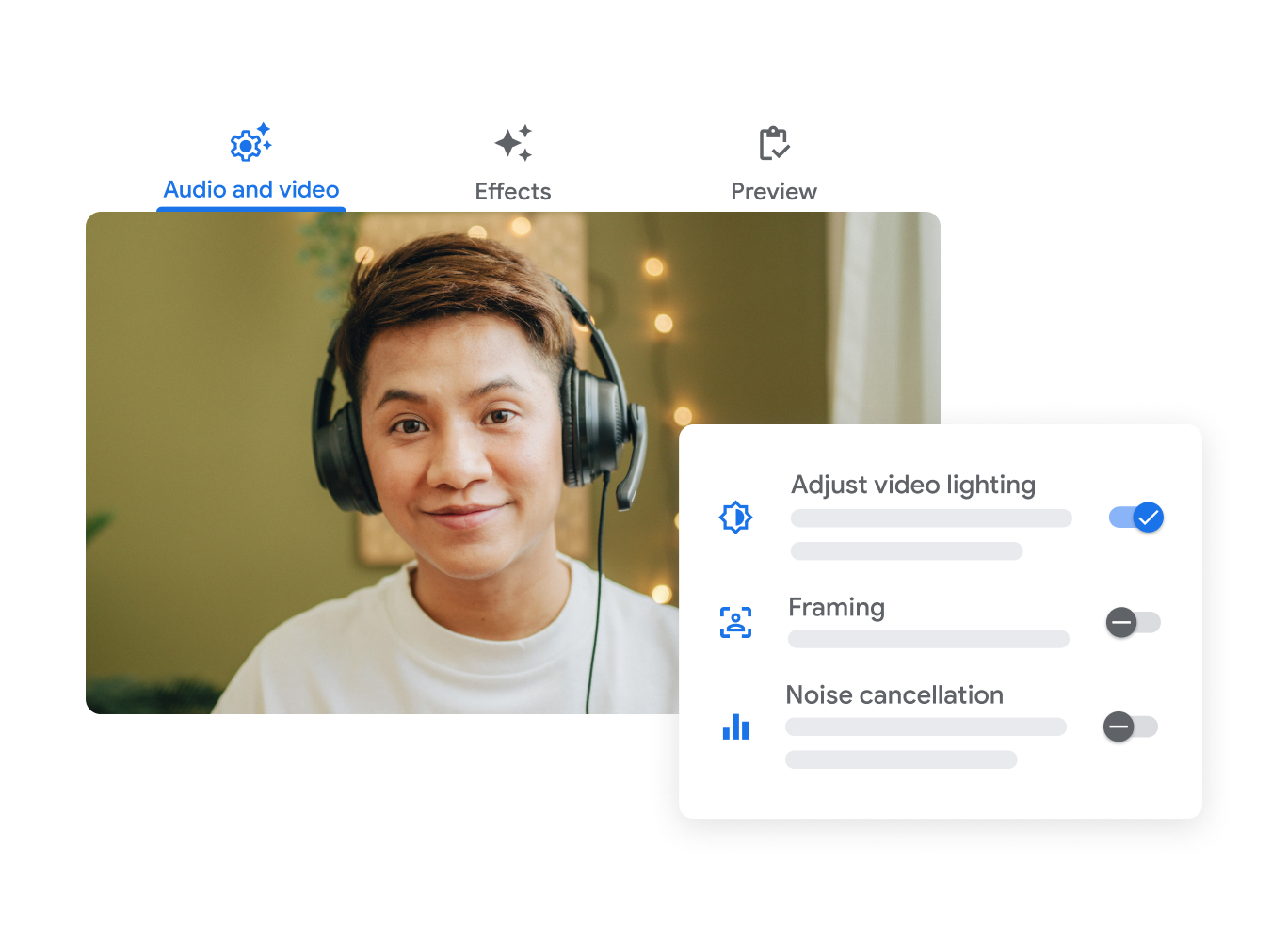 UI Google Meet yang menampilkan fitur pencahayaan, penyesuaian frame, dan peredam bising pada video.