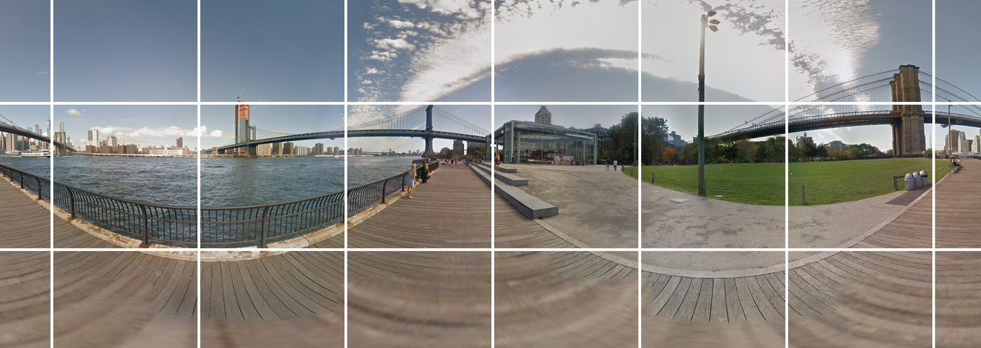 Street View imagery highlighting Street View Tiles showing the view over the Hudson River from Brooklyn, between the Brooklyn and Manhattan bridge
