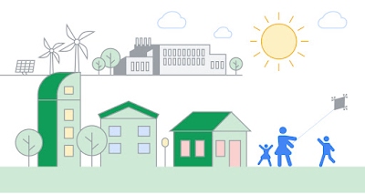 Ilustración de una ciudad con edificios verdes y una familia haciendo volar una cometa en primer plano, con un centro de datos, molinos de viento y paneles solares en segundo plano.