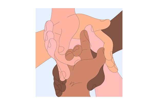 Una ilustración de múltiples manos entrelazadas de diferentes colores