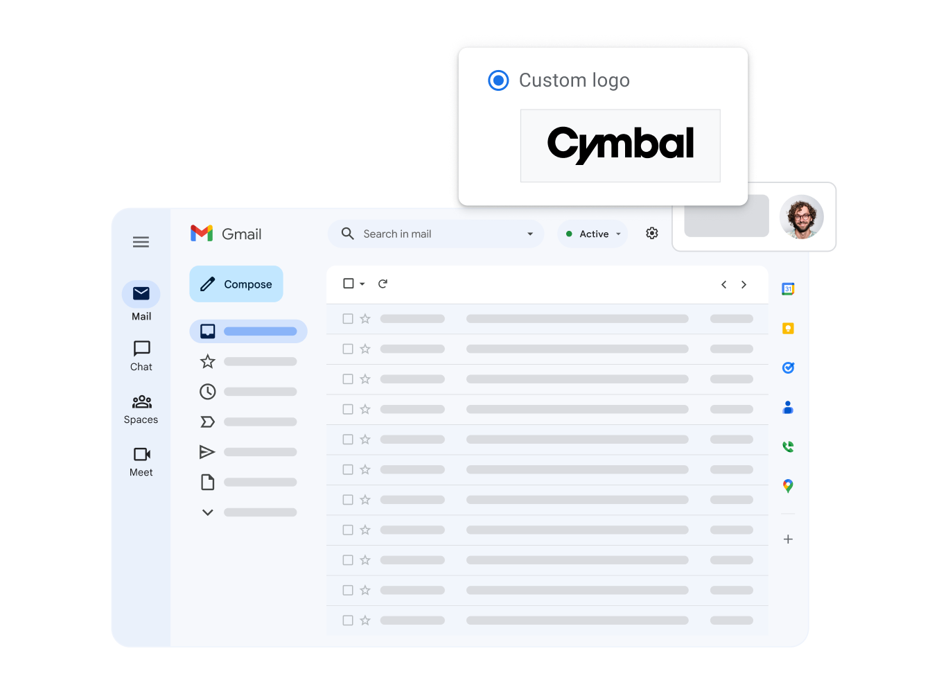 Una visualizzazione stilizzata dell'interfaccia di Gmail che evidenzia il logo personalizzato dell'azienda dell'utente.