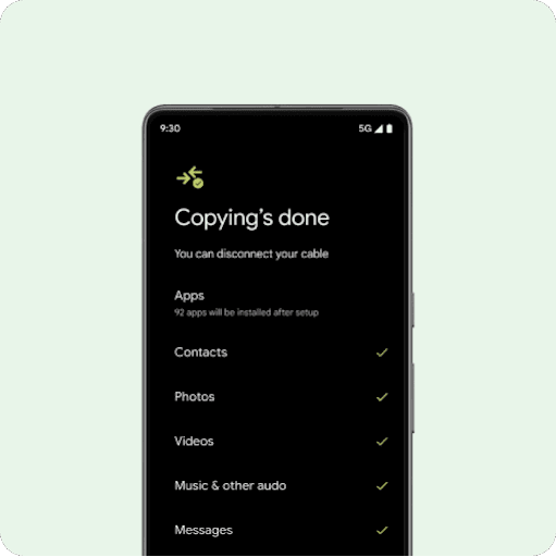 A brand new Android phone screen with the message "Transferring data." along with a list of contacts, photos and videos, calendar events, messages and WhatsApp chats, and music listed below.