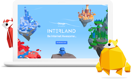 Màn hình máy tính xách tay giới thiệu trò chơi Interland có hình ảnh các vương quốc lơ lửng trên bầu trời và 2 nhân vật thiết kế theo kiểu hình học.